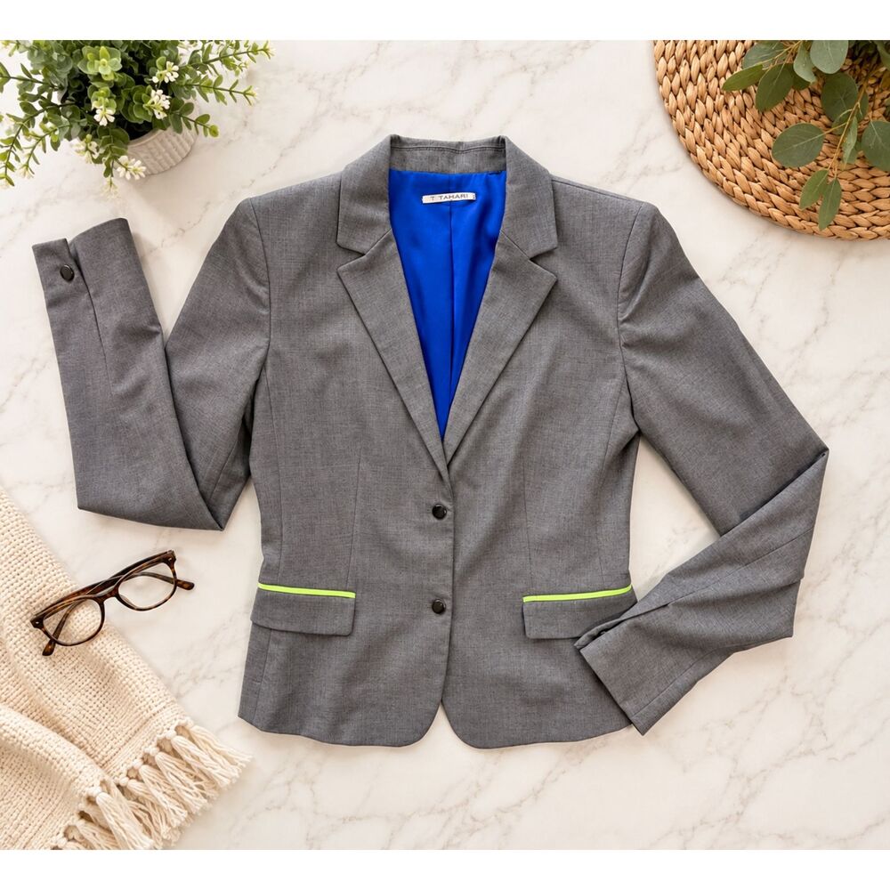 T Tahari Women's Gray Blazer Size 4 Neon Green Trim Cobalt Lining